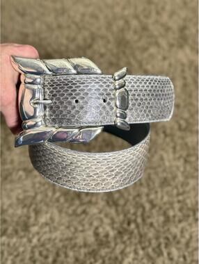 1980's Statement Belt Gray Snakeskin + Large Silver Buckle by COMECO M/L